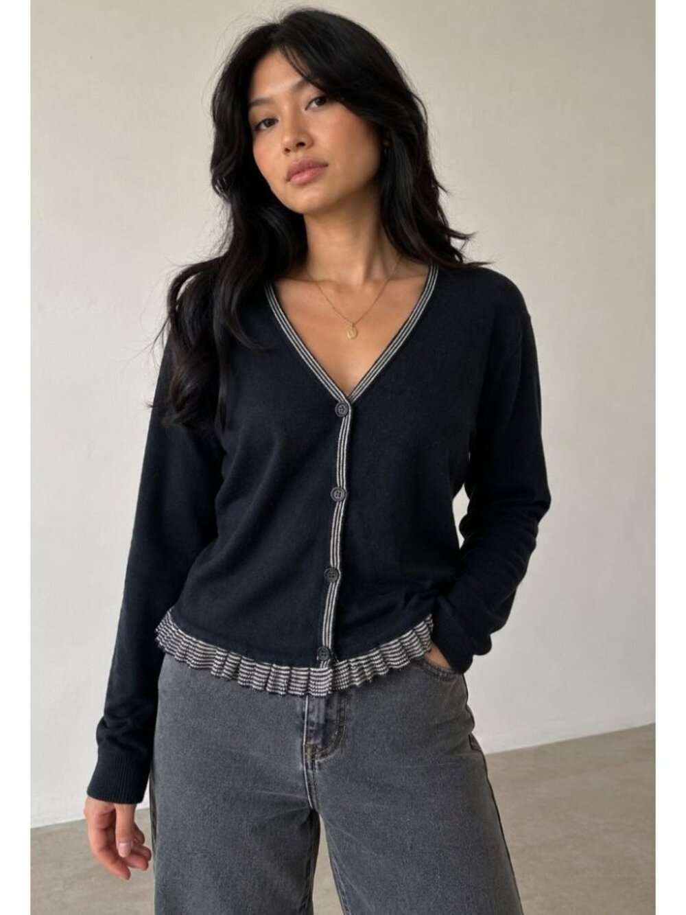 Vtg 80s Womens  Cardigan Casual Ruffle Hem Preppy Academia Size M